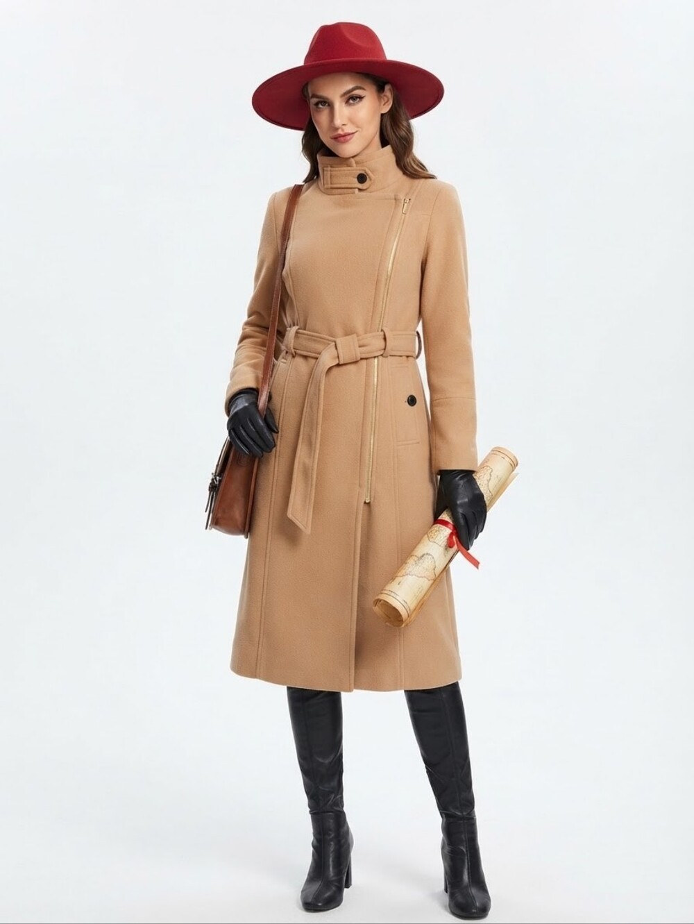 Sheinside Camel Fleece Trench Coat Asymmetric Zip Belted Jacket Size L Juniors